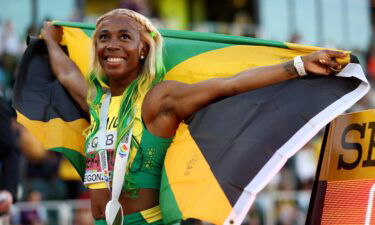 Shelly-Ann Fraser-Pryce of Team Jamaica celebrates after winning gold the Women's 100m Final on day three of the World Athletics Championships Oregon22 at Hayward Field on July 17