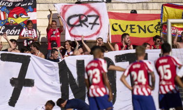 Atlético Madrid fans display a sign against Cristiano Ronaldo joining the club.