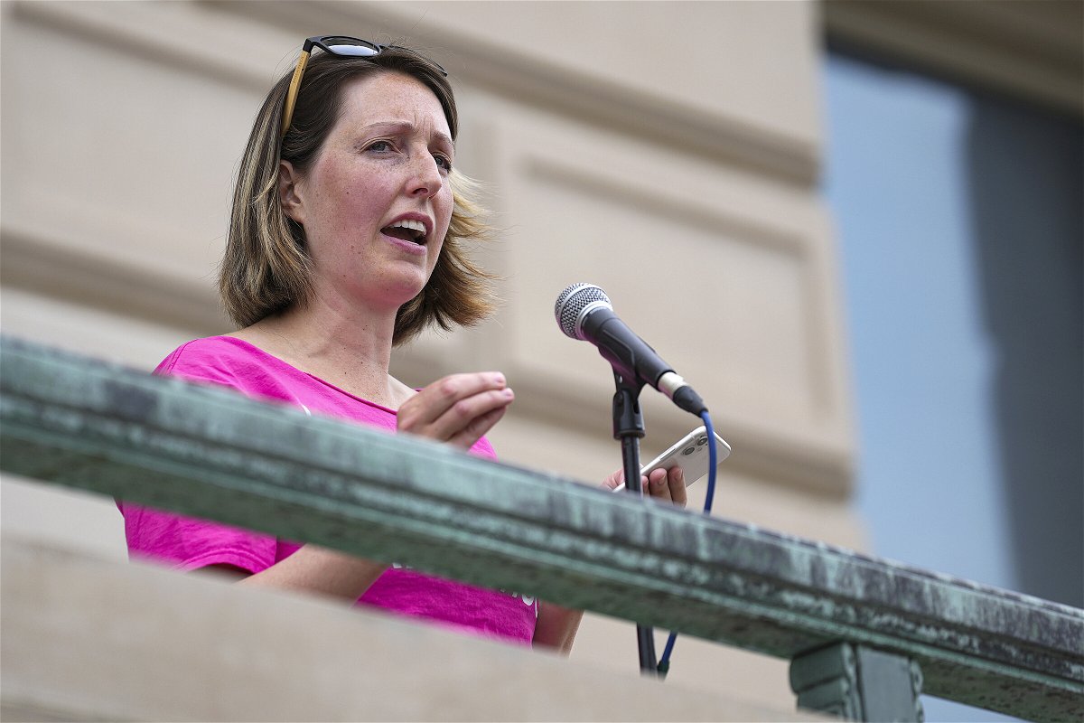 <i>Jenna Watson/AP/FILE</i><br/>Dr. Caitlin Bernard speaks during an abortion rights rally on Saturday