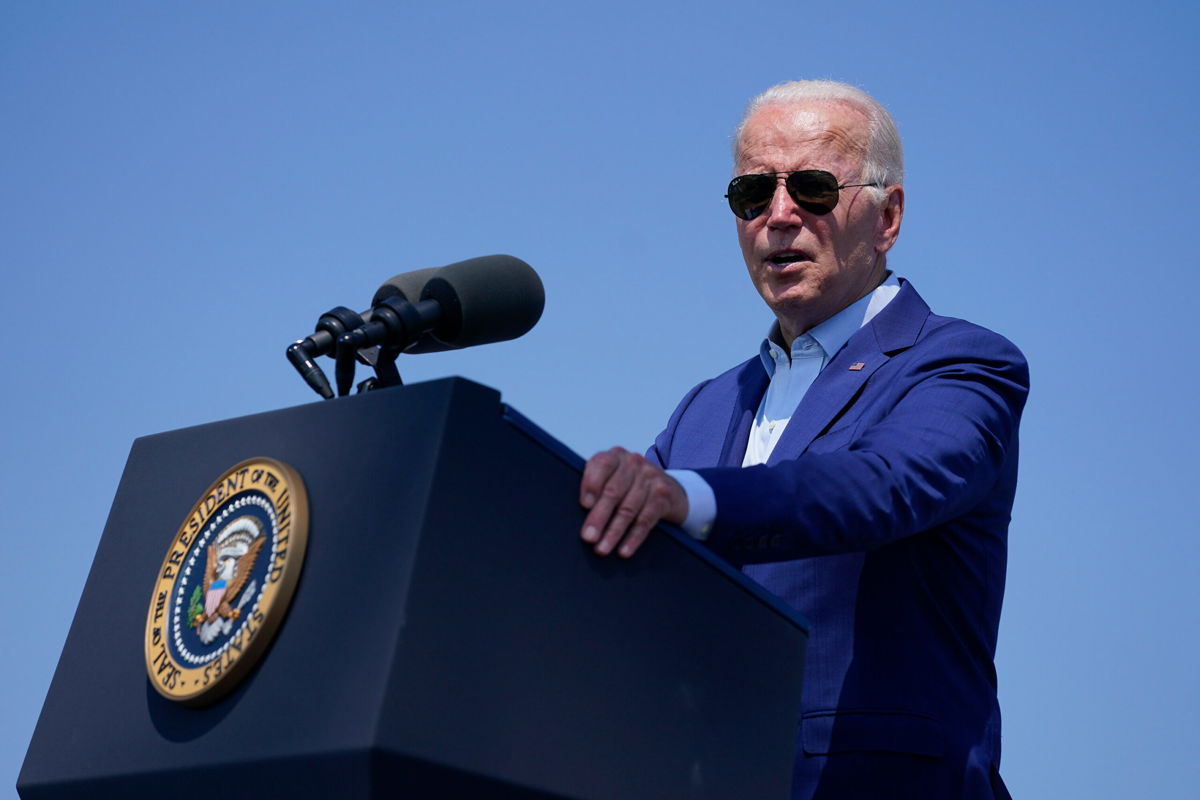 <i>Evan Vucci/AP</i><br/>President Joe Biden speaks about climate change and clean energy at Brayton Power Station