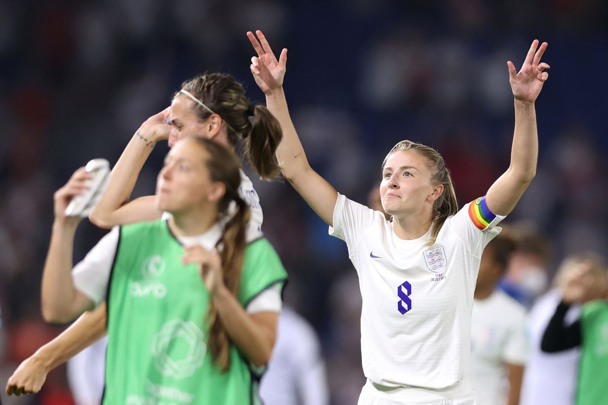 <i>Naomi Baker/Getty Images</i><br/>Leah Williamson celebrates her side's victory.