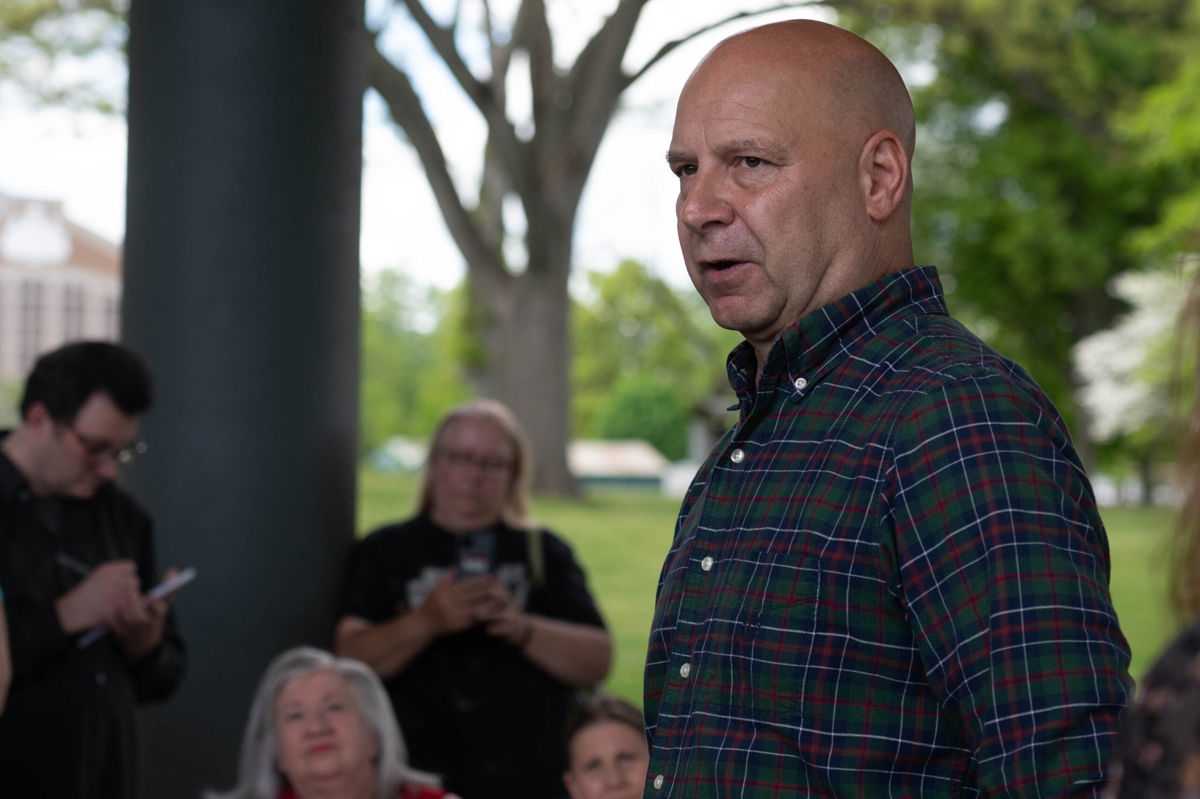 <i>Aimee Dilger/SOPA Images/LightRocket/Getty Images</i><br/>Pennsylvania Republican Doug Mastriano speaks to his supporters in Wilkes-Barre on May 13