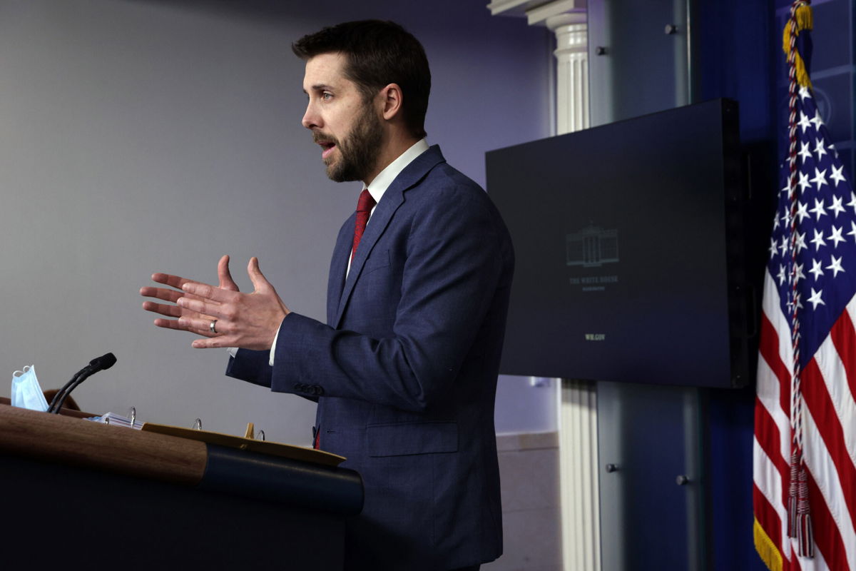 <i>Alex Wong/Getty Images</i><br/>National Economic Council Director Brian Deese speaks during a White House news briefing in January 2021. President Joe Biden's advisers are downplaying recession fears ahead of a highly anticipated report that could show the economy shrinking.