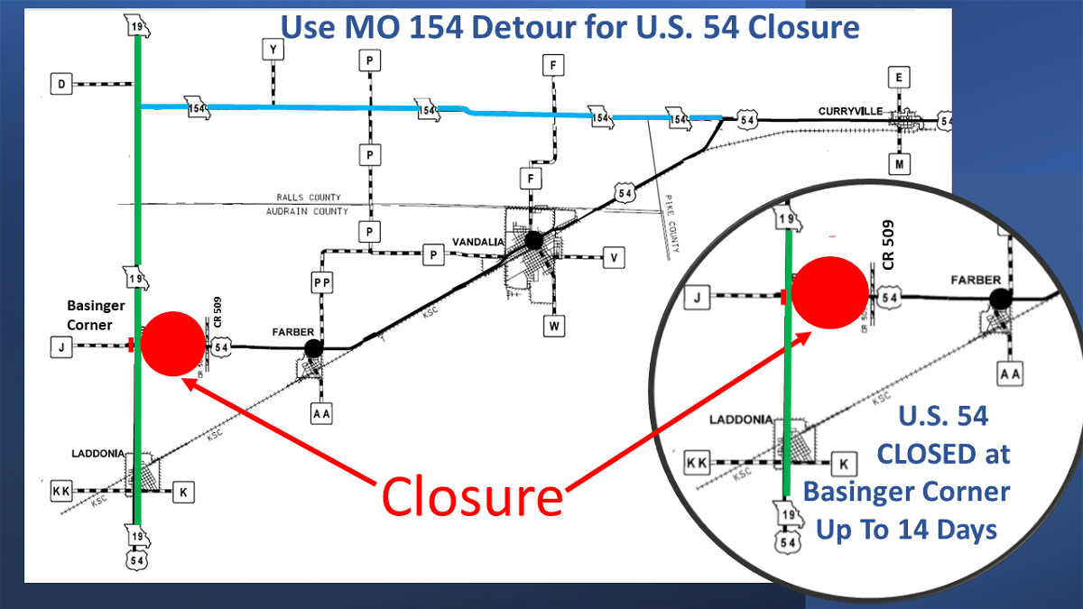 A graphic showing the area of Highway 54 that will be closed.