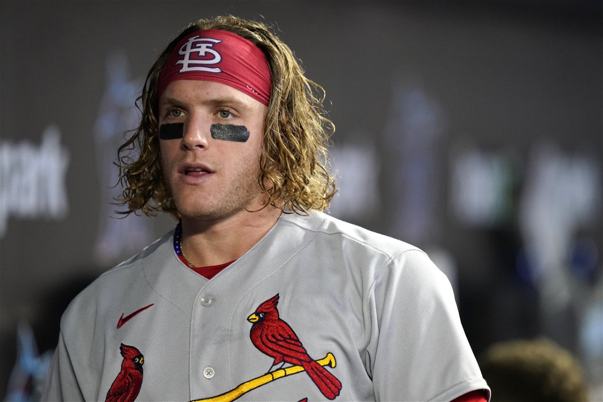 St. Louis Cardinals' Harrison Bader walks in the dugout before a baseball game against the Miami Marlins, Wednesday, April 20, 2022, in Miami. The Cardinals won 2-0. 