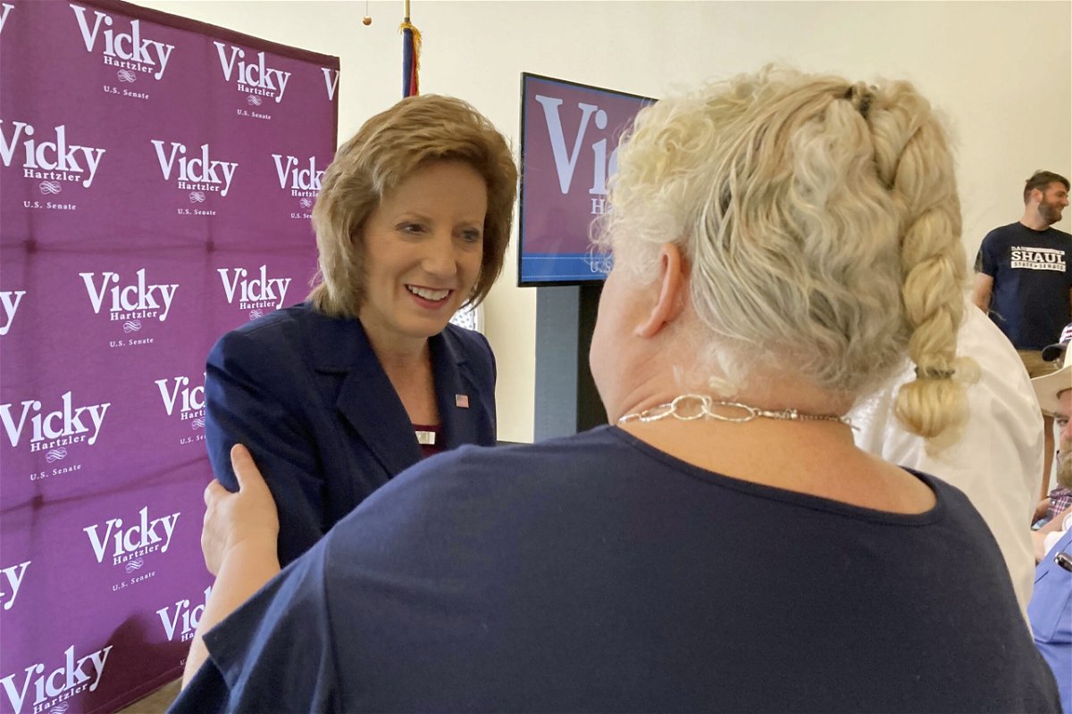 FILE - Rep. Vicky Hartzler, left, greets people during a campaign stop in Pevely, Mo., Thursday, July 28, 2022. Hartzler is among 21 Republicans running for a U.S. Senate seat in Missouri.