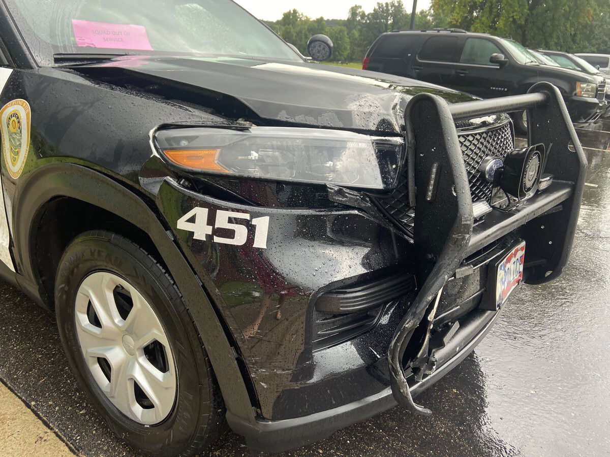 <i>@Kirsten_TV/Twitter/WCCO</i><br/>This is the damaged Cannon Falls police vehicle they say the suspect rammed into during his escape. The officer was not hurt.