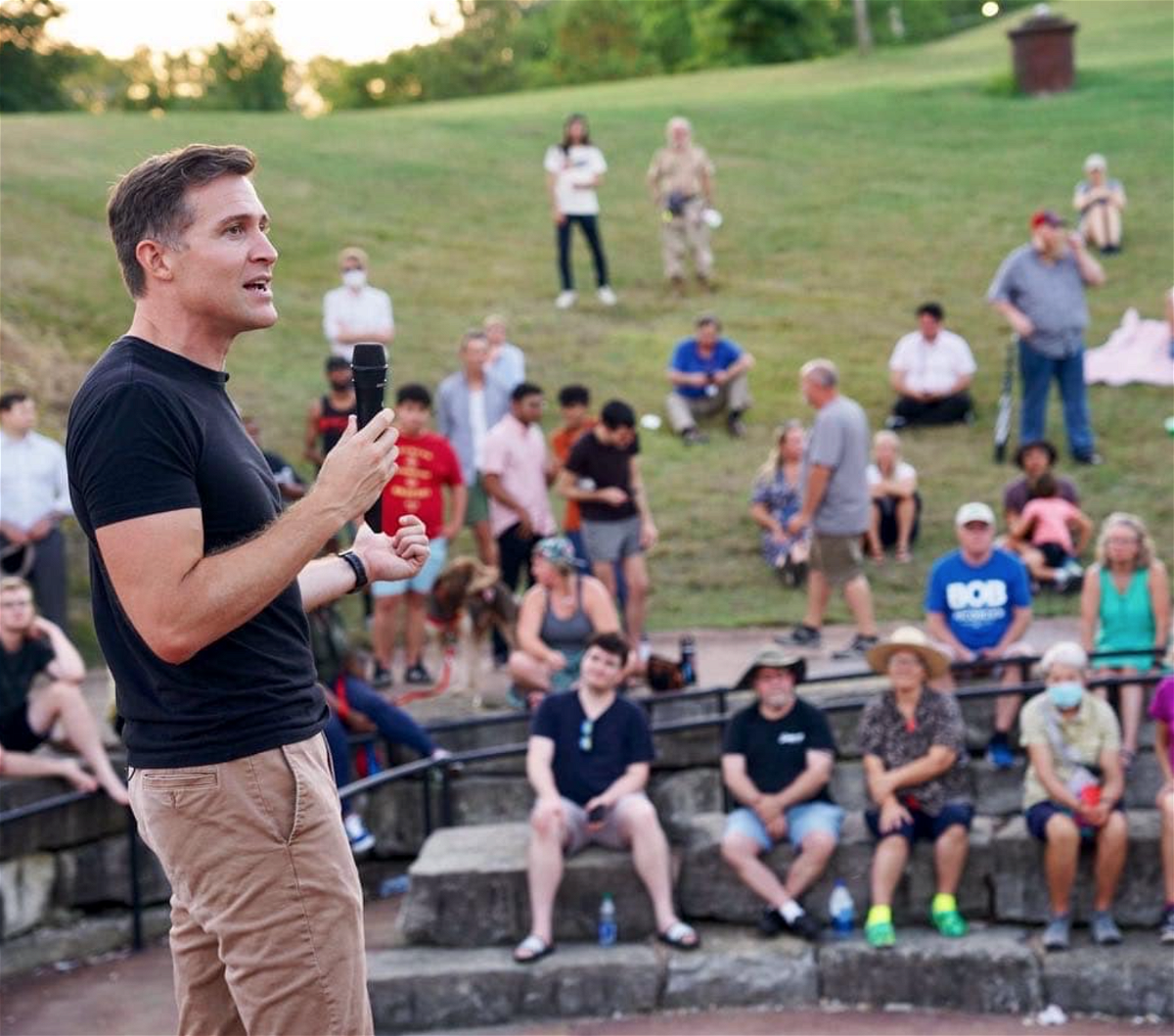 Lucas Kunce speaks to supporters Friday, June 29, 2022, at Stephens Lake Park in Columbia.