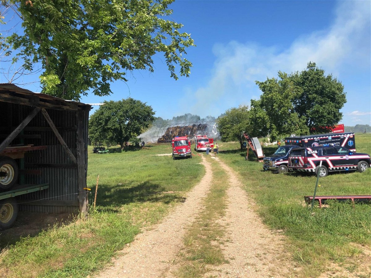 Firefighters at the scene of a barn fire near St. Thomas on Tuesday, Aug. 30, 2022.