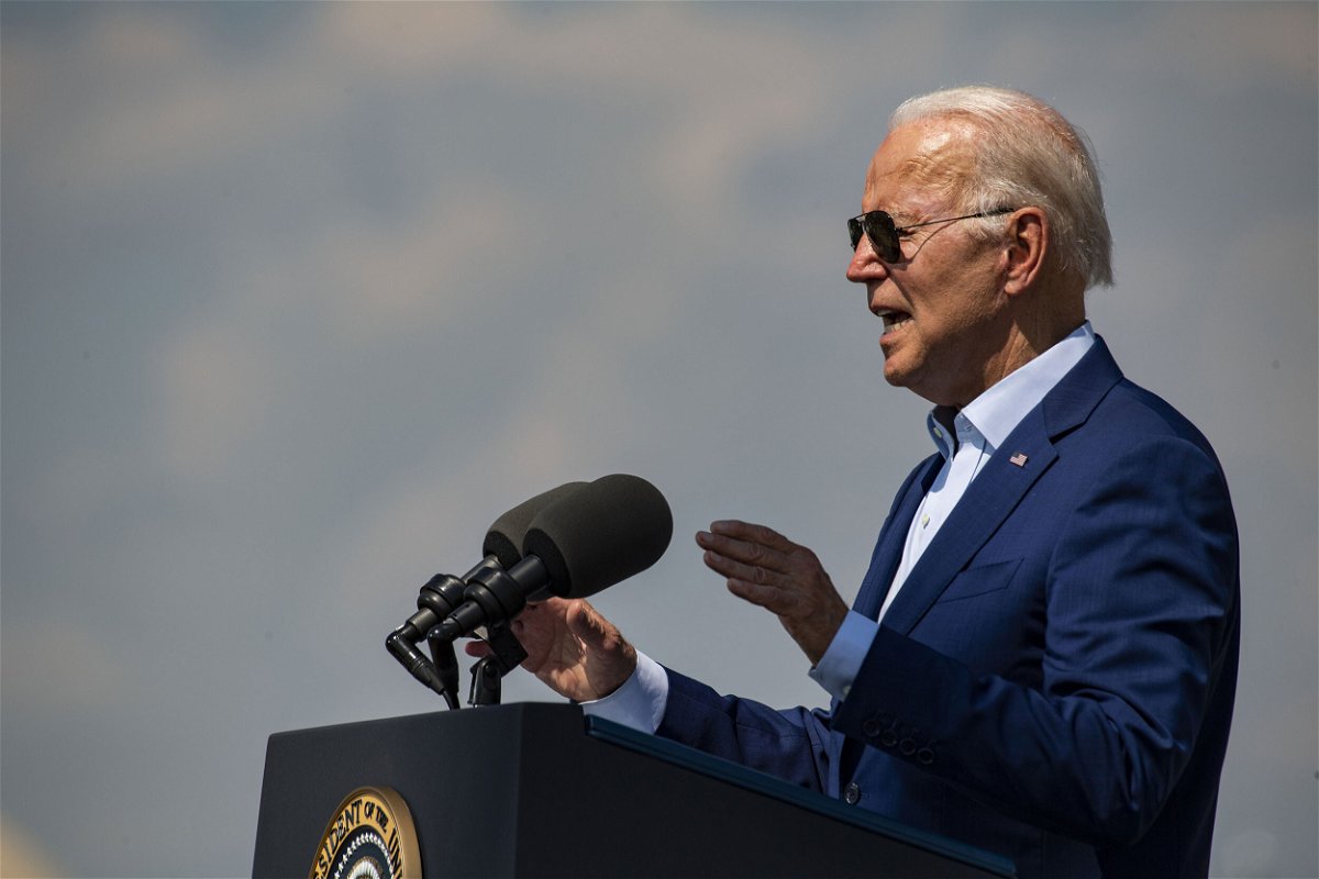 <i>Joseph Prezioso/Anadolu Agency/Getty Images</i><br/>US President Joe Biden is pictured speaking at the Brayton Point Power Station in Somerset