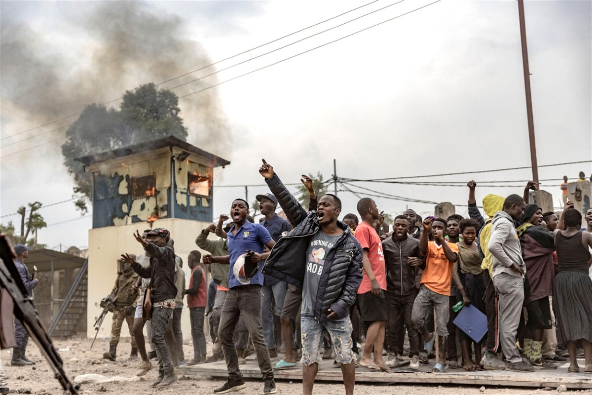 <i>Michel Lunanga/AFP/Getty Images</i><br/>Congolese demonstrators gesture during a protest against the UN peacekeeping mission MONUSCO in Goma on July 26.