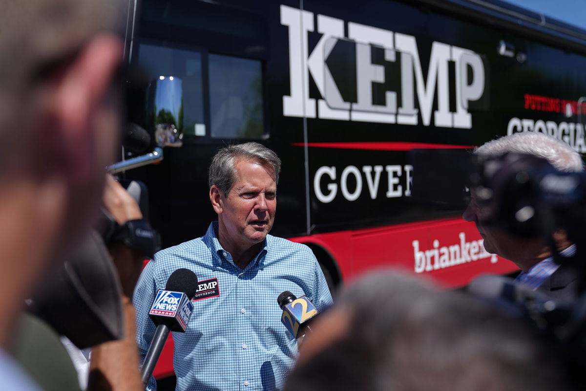 <i>Elijah Nouvelage/Getty Images</i><br/>Gov. Brian Kemp is pictured at a campaign event on May 17 in Canton