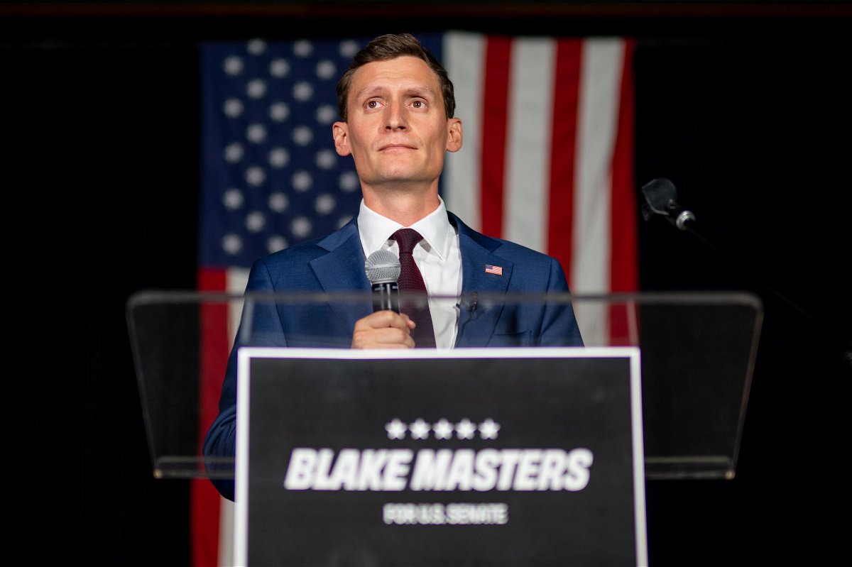 <i>Brandon Bell/Getty Images</i><br/>Arizona Senate candidate Blake Masters speaks at his election night watch party in Chandler on August 2. Masters attempted to tone down his position on abortion on August 25.