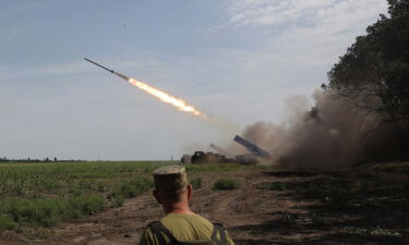 Ukrainian artillery unit fires with a BM-27 Uragan