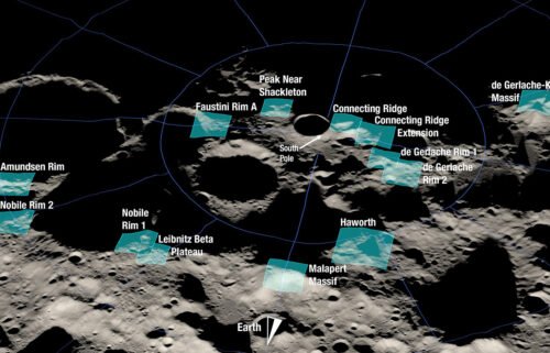 A NASA rendering shows the 13 potential landing regions for Artemis III. Each region is approximately 9.3 by 9.3 miles (15 by 15 kilometers).