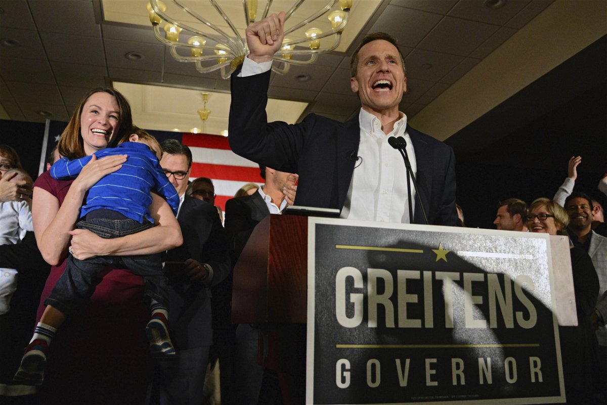 FILE - Missouri Republican Governor-elect Eric Greitens delivers a victory speech along side his wife Sheena and son Joshua on Tuesday, Nov. 8, 2016, in Chesterfield, Mo. The judge in the child custody case involving the former Missouri governor ruled that it should move to Texas because his two sons now spend most of their time there, and to better protect the boys from public scrutiny, according to a court document obtained Thursday, Sept. 8, 2022, by The Associated Press. The ruling issued in August 2022 but sealed in Missouri also noted that contrary to allegations levied by Sheena Greitens, there was “no pattern of domestic violence by either Mother or Father.” 
