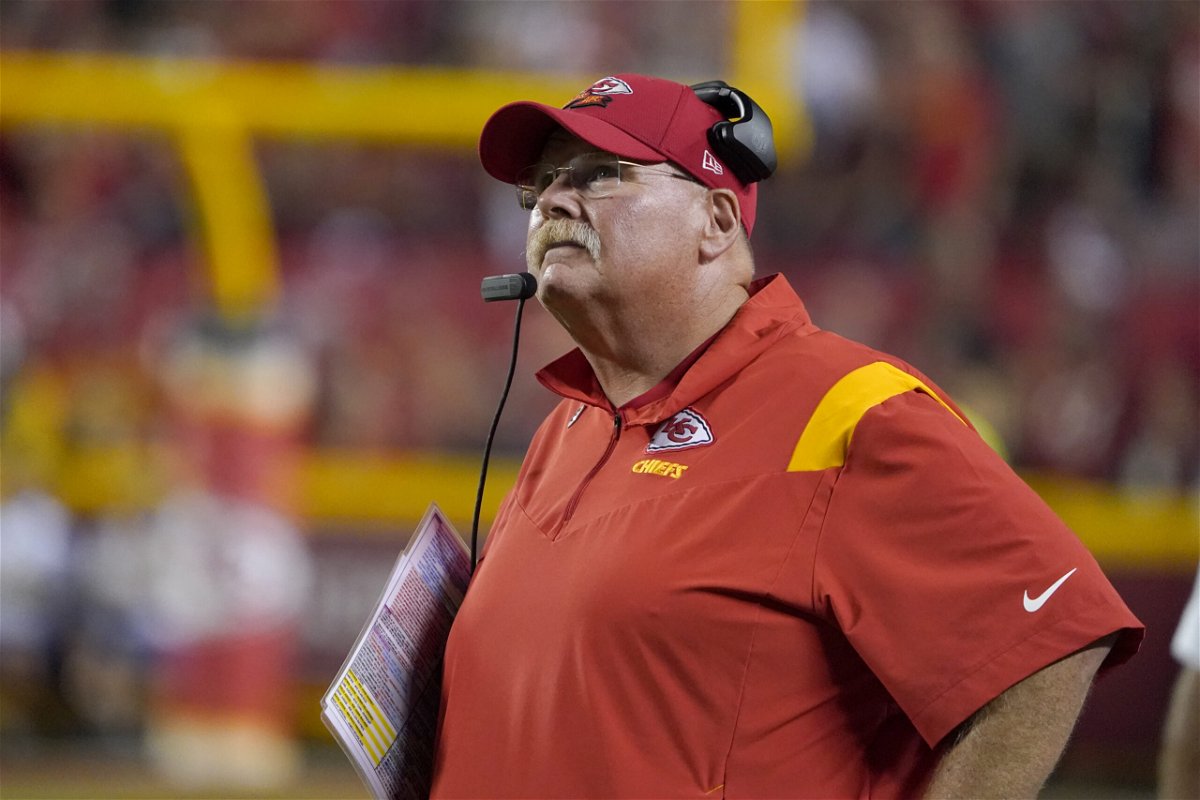 Kansas City Chiefs head coach Andy Reid watches from the sidelines during the first half of an NFL football game against the Los Angeles Chargers Thursday, Sept. 15, 2022, in Kansas City, Mo. (AP Photo/Ed Zurga)