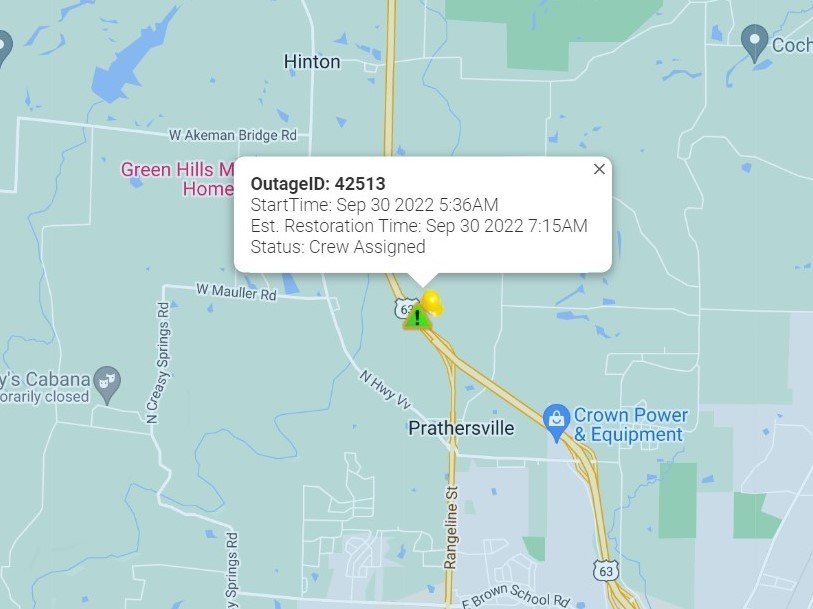 Boone Electric Cooperative reported a power outage north of Columbia on Friday, Sept. 30, 2022. The utility provider expects repairs to a broken power pole near Highway VV to take about two hours. 