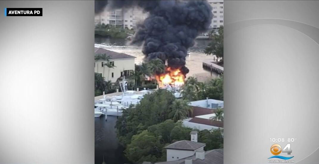 <i>Aventura Police Department/WFOR</i><br/>A multi-million dollar yacht caught fire in Aventura on Friday evening.