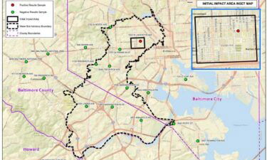 This map from the Baltimore City Department of Public Works shows the impacted area in a rectangle