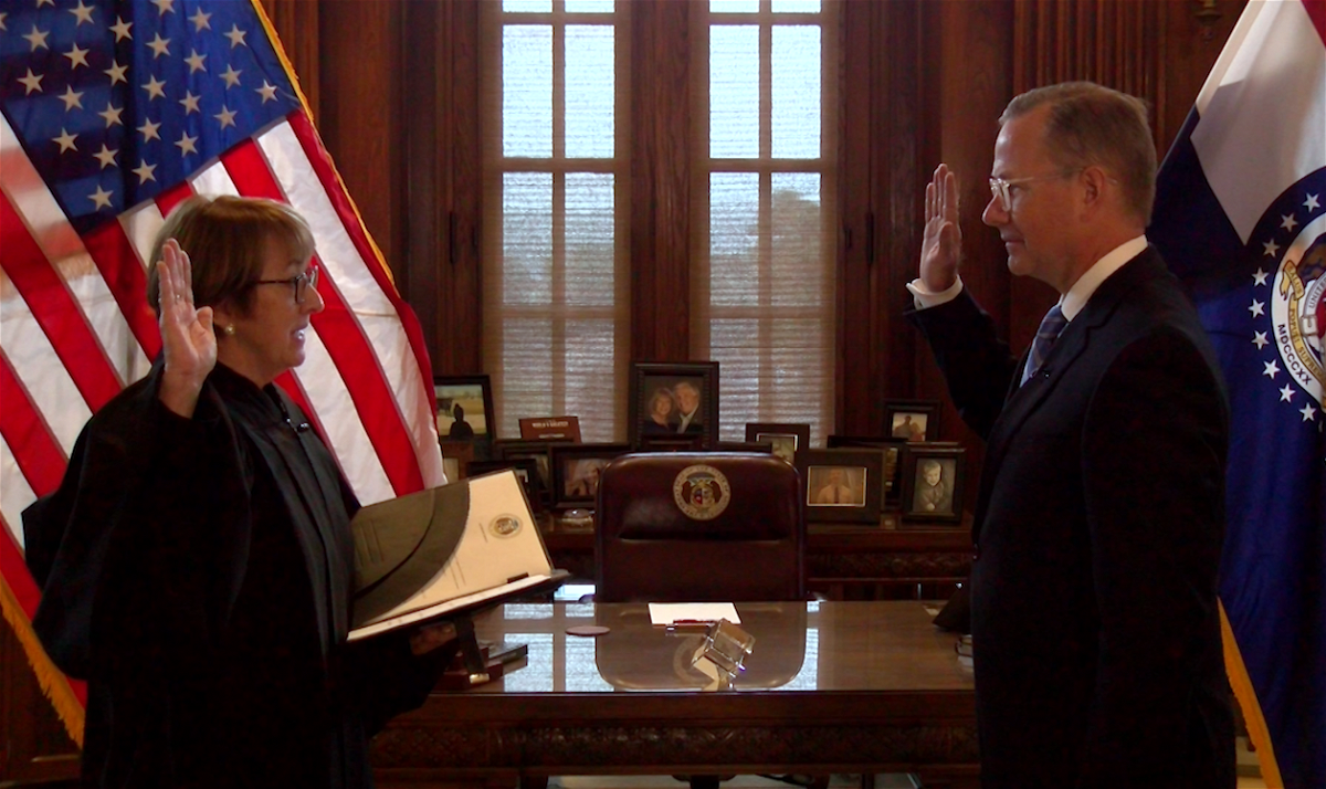 Judge Patricia Breckenridge swears in Brian Treece to the Missouri Highways and Transportation Commission on Tuesday, Sept. 6, 2022, in Gov. Mike Parson's office.