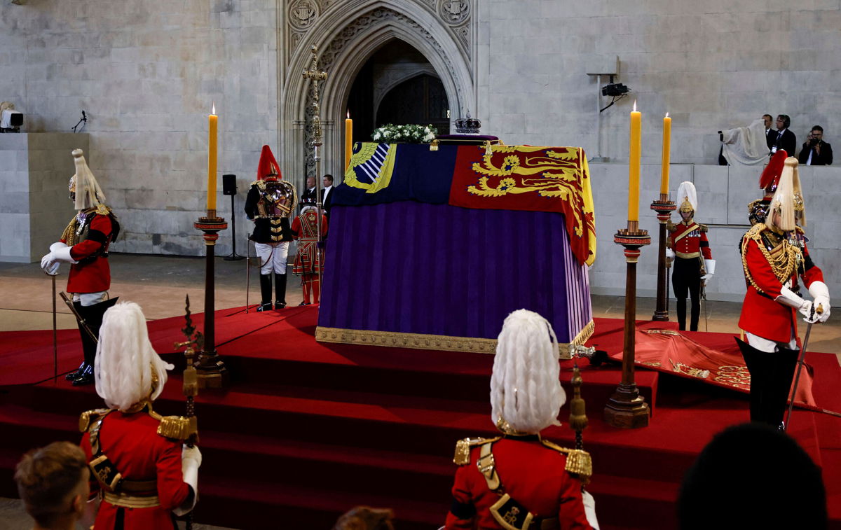 <i>Alkis Konstantinidis/Pool photo via AP</i><br/>The coffin of Britain's Queen Elizabeth II arrives at Westminster Hall from Buckingham Palace for her lying in state