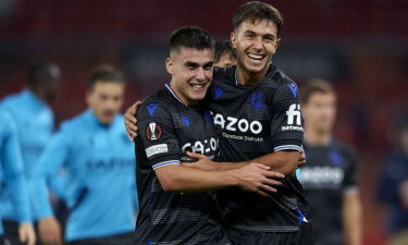 Real Sociedad celebrate after taking the lead on September 8.