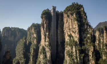 This picture taken in November of 2020 and shows an aerial view of the Bailong elevators in Zhangjiajie