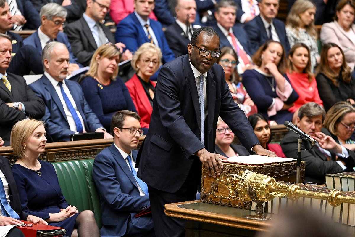 <i>Jessica Taylor/UK Parliament/Reuters</i><br/>The Chancellor of the Exchequer Kwasi Kwarteng (center) speaks during the Government's Growth Plan statement at the House of Commons in London on September 23.