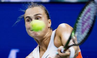 Aryna Sabalenka plays a return against Jabeur in New York on September 8.