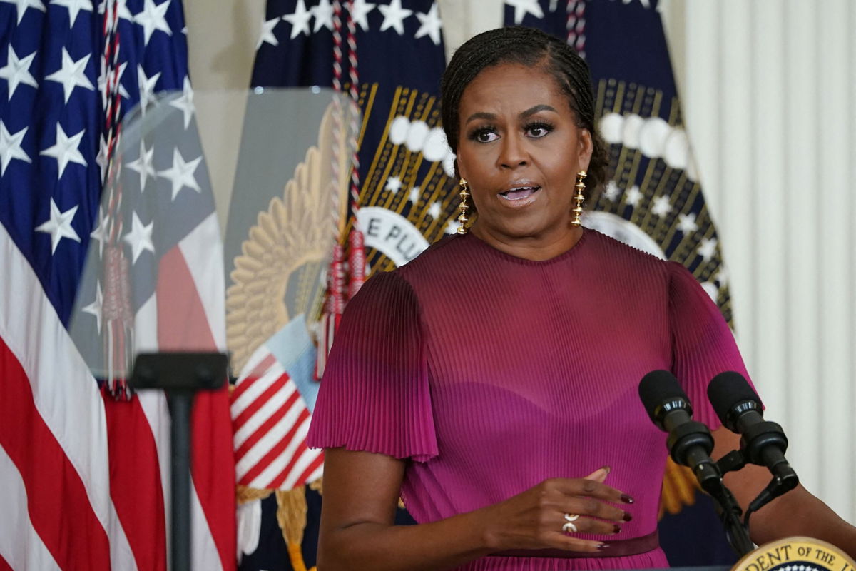 <i>Mandel Ngan/AFP/Getty Images</i><br/>Former US First Lady Michelle Obama delivers remarks during a ceremony to unveil their official White House portraits