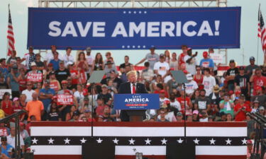 Former US President Donald Trump gives remarks during a Save America Rally at the Adams County Fairgrounds on June 25 in Mendon