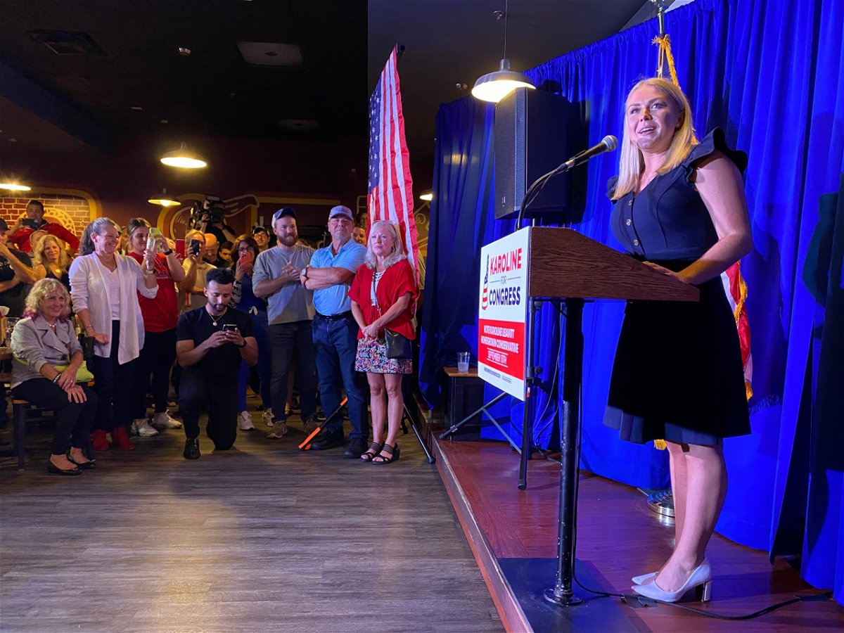 <i>Max Sullivan/Seacoastonline/USA Today Network</i><br/>Karoline Leavitt proclaims victory in New Hampshire's Republican primary for the 1st District at The Community Oven restaurant in Hampton on September 13.