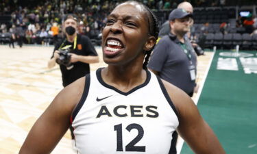 Chelsea Gray celebrates after the Las Vegas Aces beat the Seattle Storm in overtime on September 4.