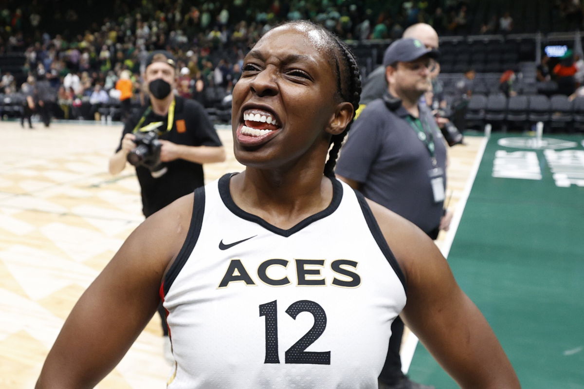 <i>Steph Chambers/Getty Images North America/Getty Images</i><br/>Chelsea Gray celebrates after the Las Vegas Aces beat the Seattle Storm in overtime on September 4.