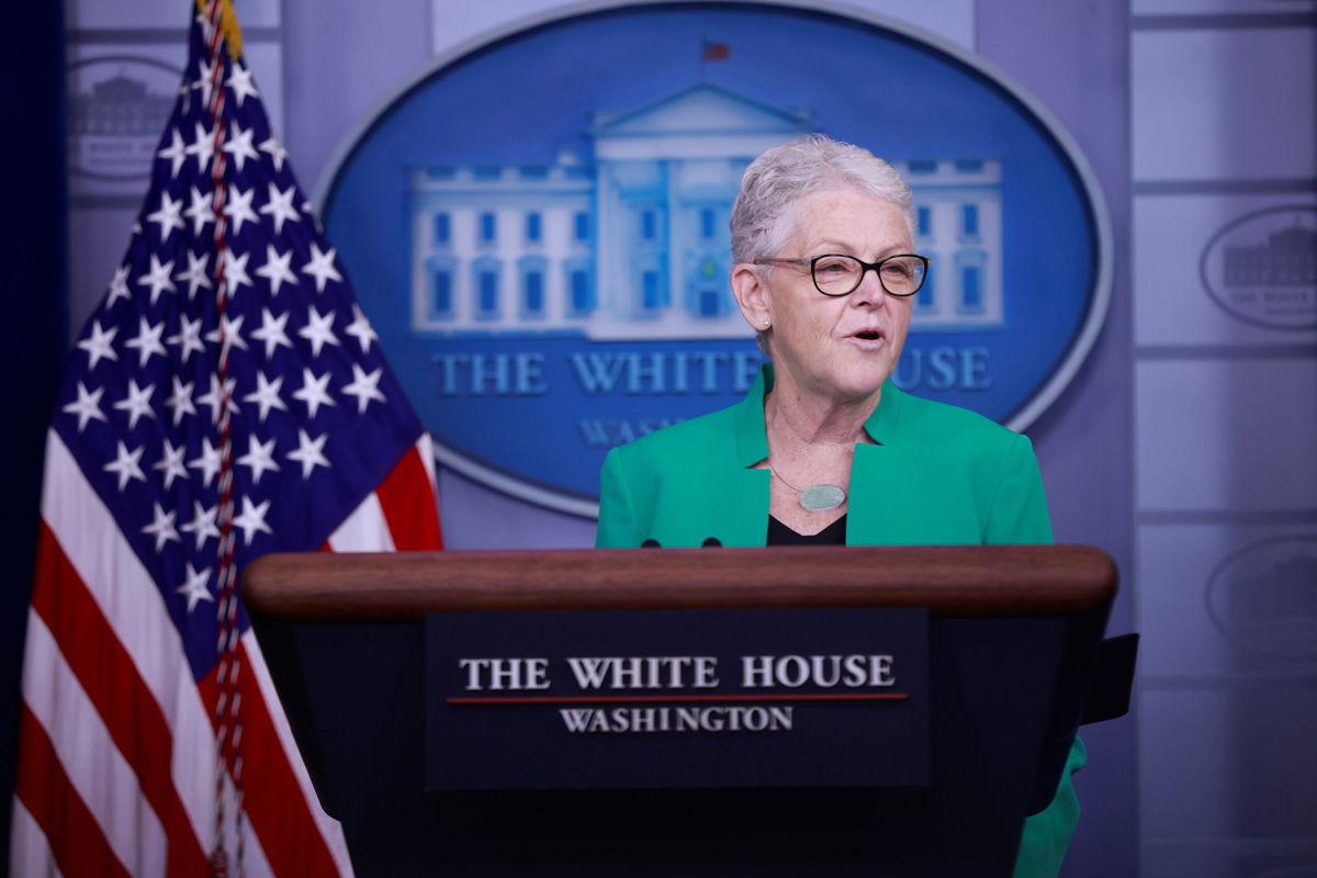 <i>Tom Brenner/Reuters</i><br/>President Joe Biden will announce on September 2 that White House National Climate Advisor Gina McCarthy is leaving her post. McCarthy delivers remarks during a press briefing at the White House in April of 2021.