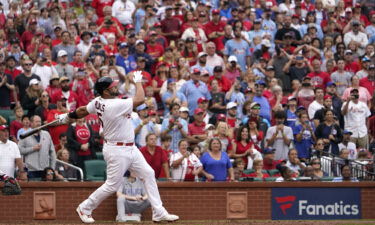 Albert Pujols watches his two-run homer at the top of the eighth inning on September 4.