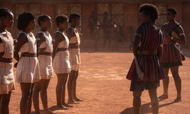 Viola Davis and Lashana Lynch are pictured with young recruits in "The Woman King."