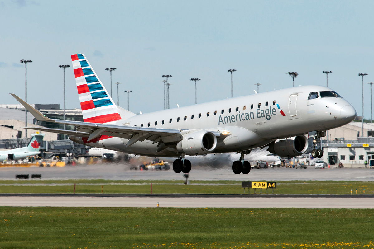 <i>Fabrizio Gandolfo/SOPA Images/Sipa USA/AP</i><br/>An American Eagle (Republic Airways) Embraer 170-200LR is seen here landing at Montreal Pierre Elliott Trudeau International Airport. The FAA has rejected Republic Airways' proposal to reduce the hours it takes to become a co-pilot.