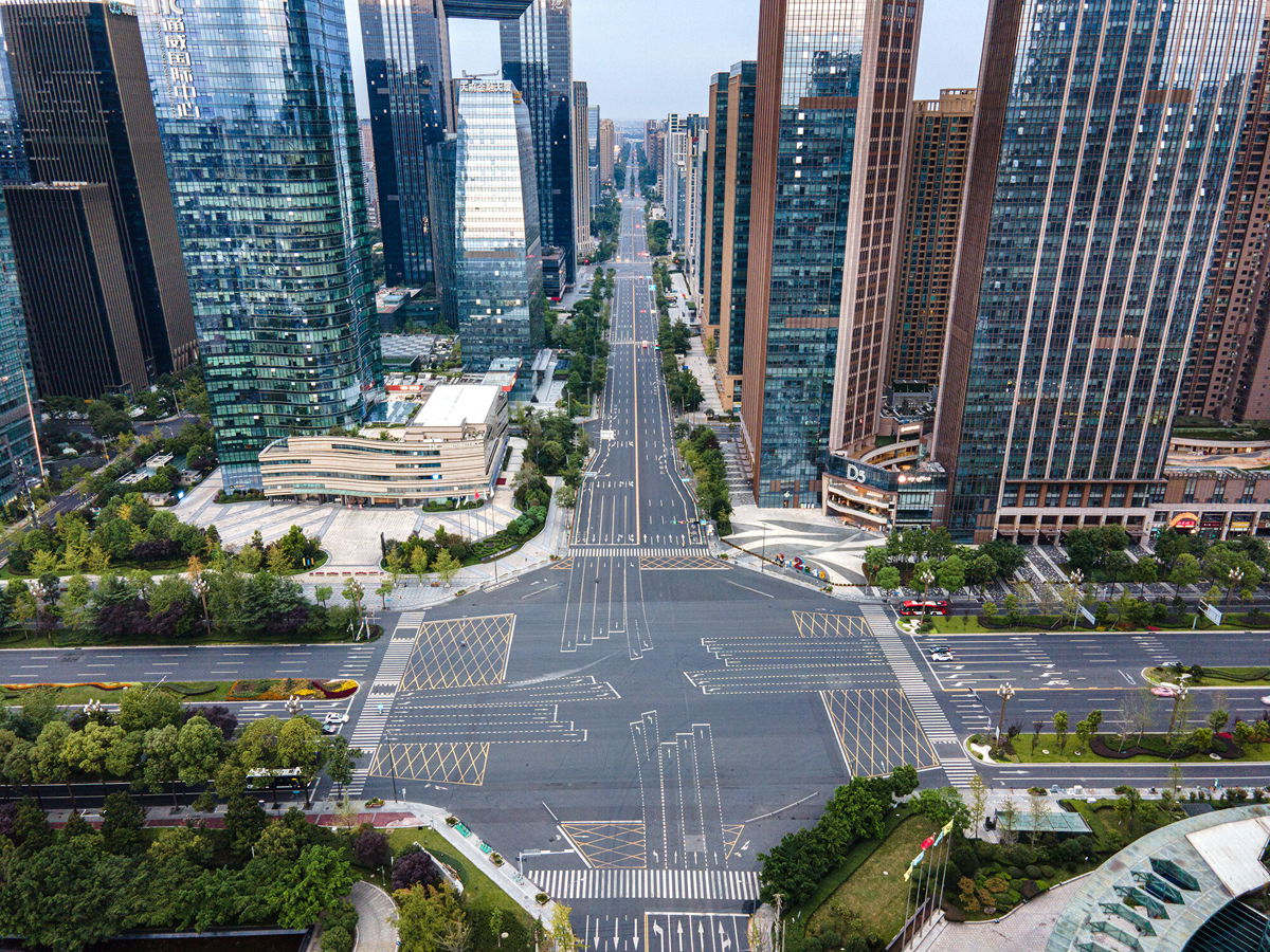 <i>Visual China Group/Getty Images</i><br/>The streets of Chengdu are largely empty over the weekend after the city imposed a sweeping Covid lockdown.