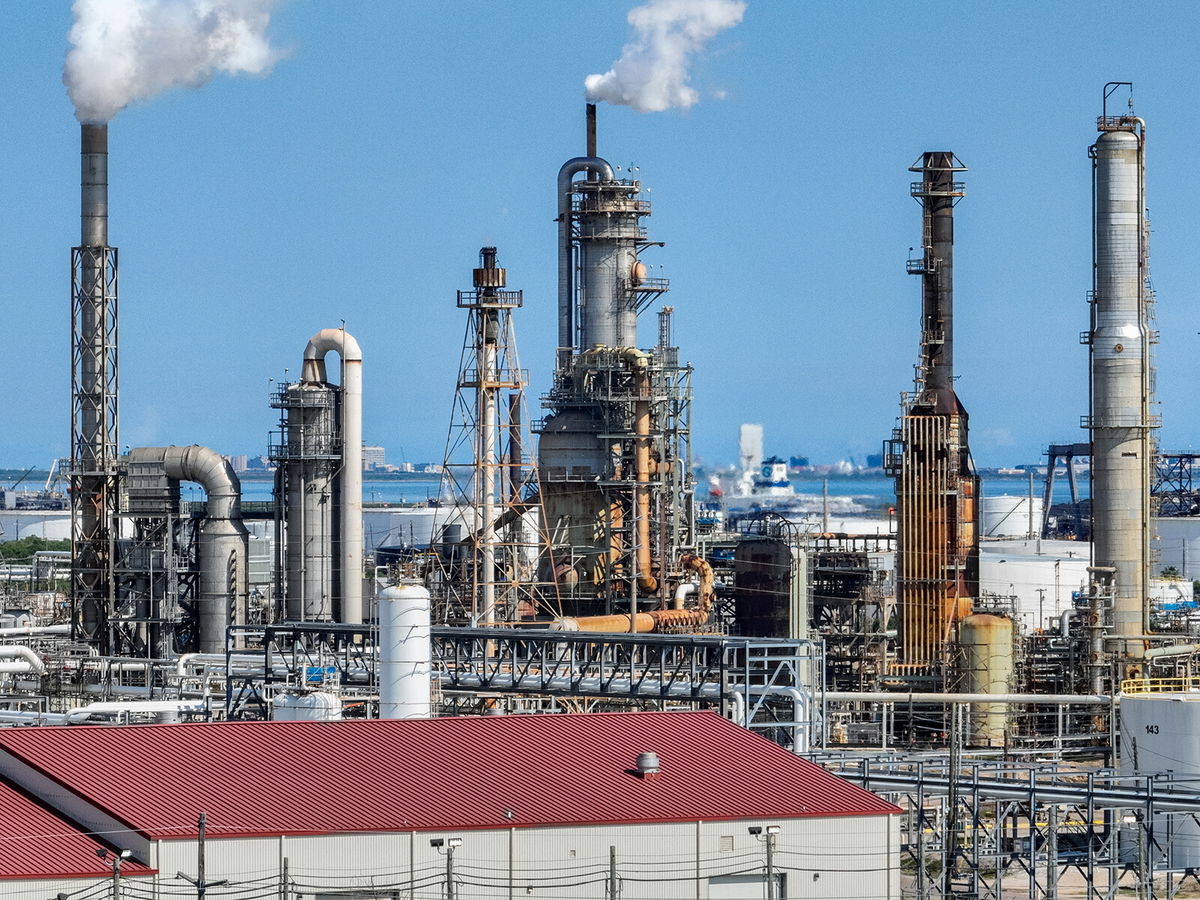 <i>Brandon Bell/Getty Images</i><br/>This aerial view shows an oil refinery is seen on September 7 in Texas City