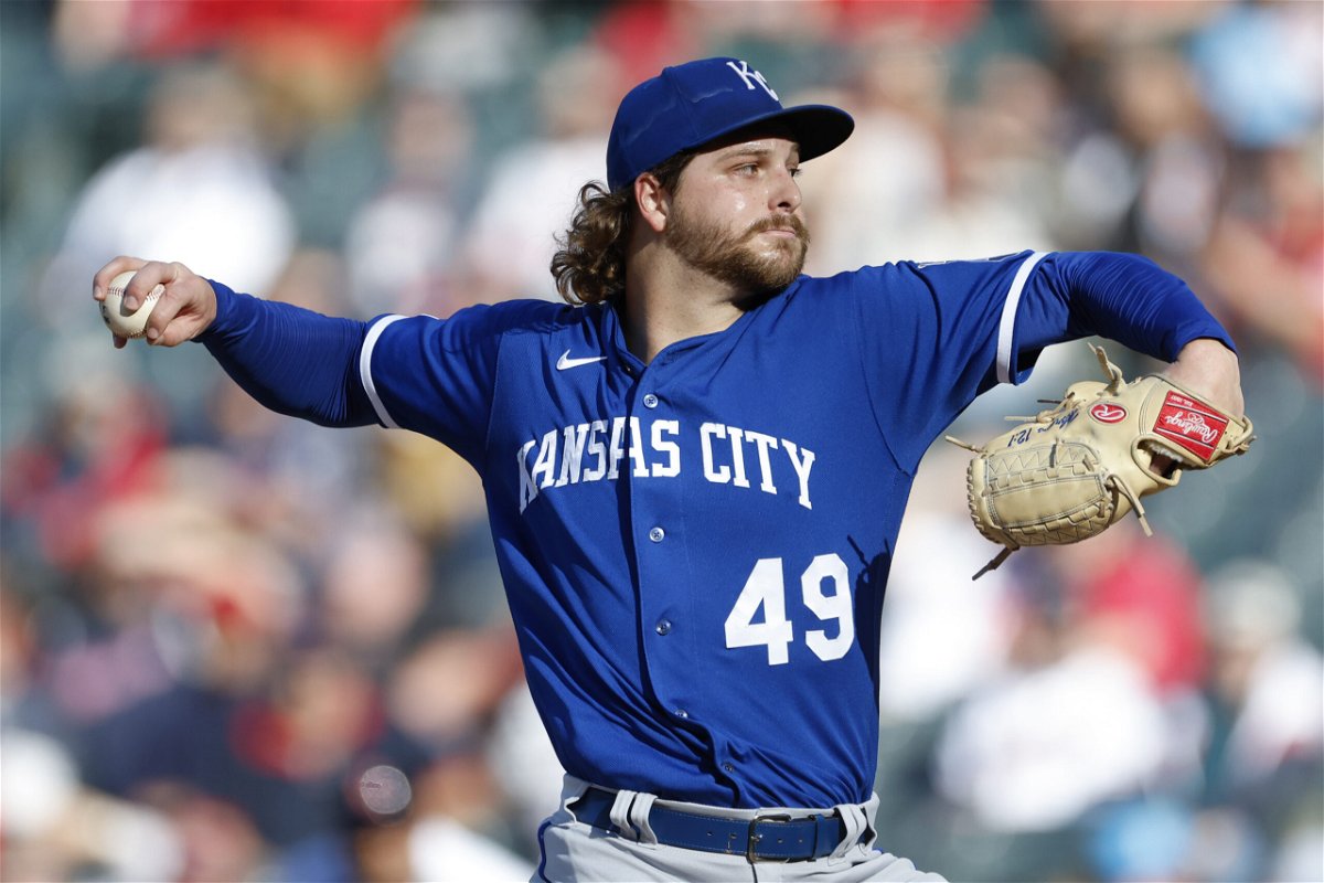 Kansas City Royals starting pitcher Jonathan Heasley delivers against the Cleveland Guardians during the first inning of a baseball game, Wednesday, Oct. 5, 2022, in Cleveland. (AP Photo/Ron Schwane)