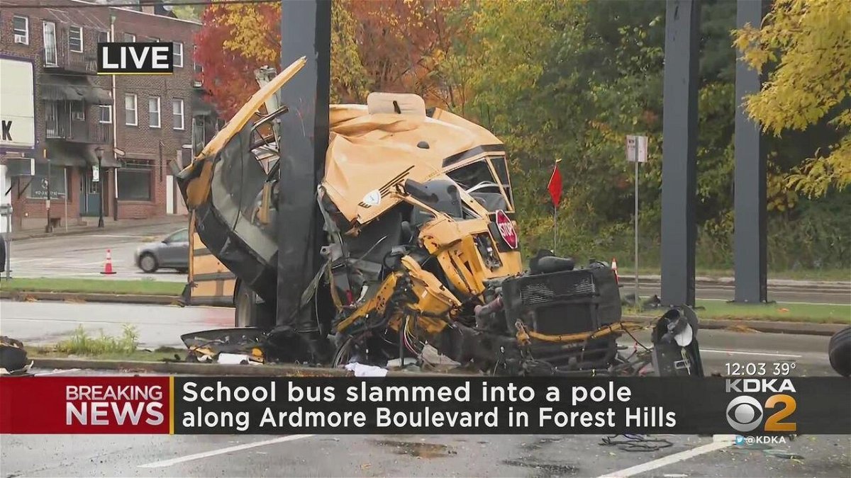 <i>KDKA</i><br/>The driver of a school bus was seriously injured when the bus slammed into the steel support pillar of the famous welcome sign at the entrance to Forest Hills on Tuesday morning.