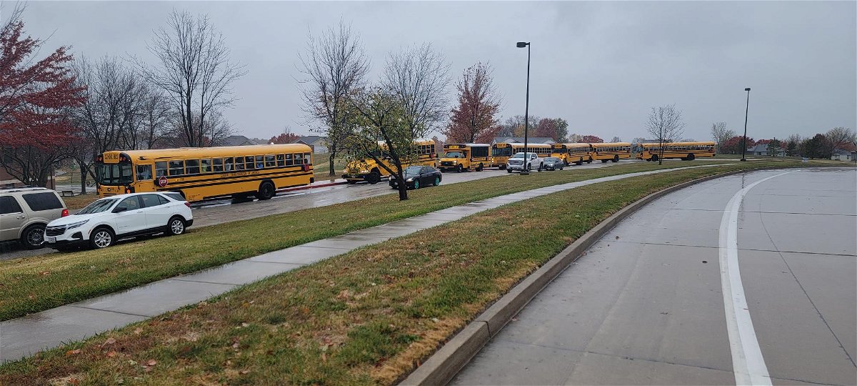 Buses line up outside Derby Ridge Elementary on Tuesday, Oct. 25, 2022.