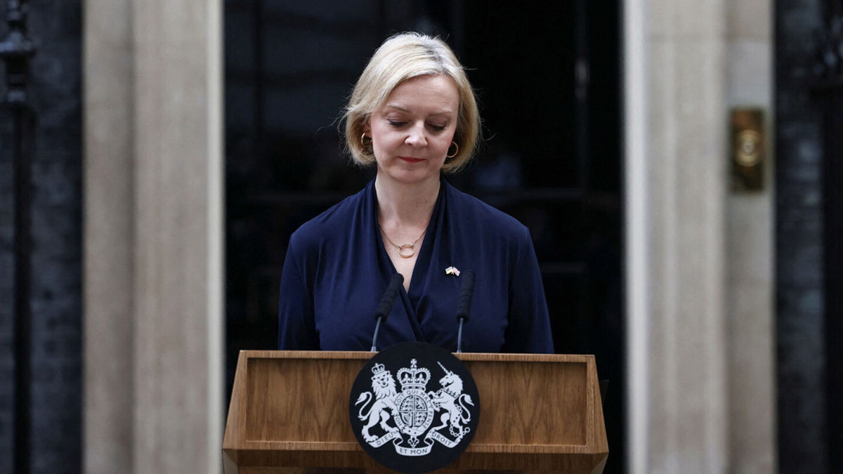 <i>Henry Nicholls/Reuters</i><br/>British Prime Minister Liz Truss announces her resignation outside Number 10 Downing Street on October 20.