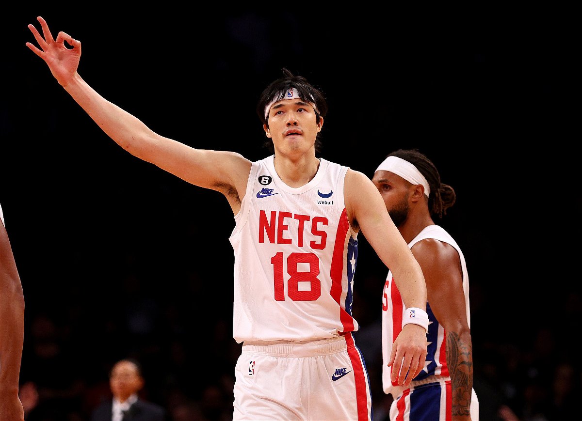 <i>Elsa/Getty Images</i><br/>Yuta Watanabe #18 of the Brooklyn Nets celebrates his three-point shot in the second quarter against the Indiana Pacers at Barclays Center on October 29 in the Brooklyn borough of New York City.