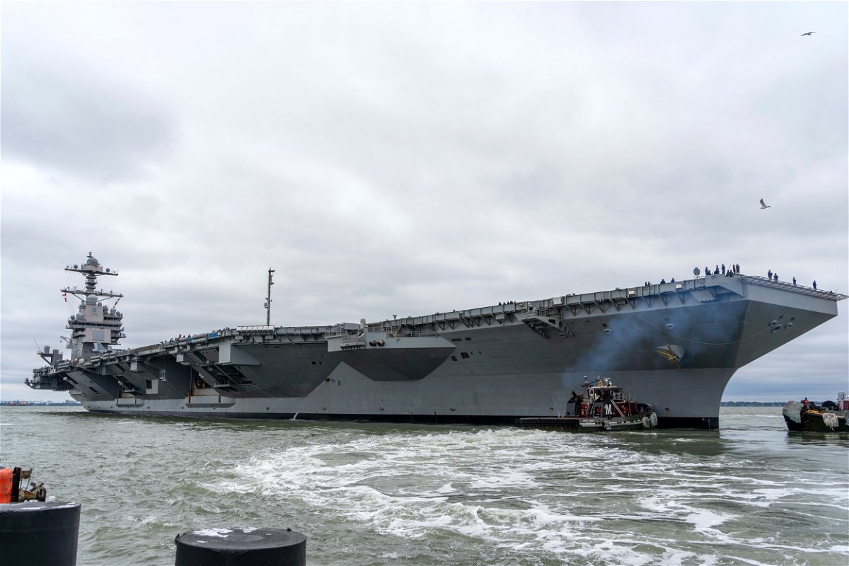 <i>Petty Officer 2nd Class Anderson/US Navy</i><br/>The Gerald R. Ford-class aircraft carrier USS Gerald R. Ford (CVN 78) departs Naval Station Norfolk on October 4. The USS Gerald Ford is the US Navy's newest and most advanced aircraft carrier.