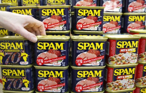 Cans of "Spam" luncheon meat are displayed at a market in Naha on the southern Japanese island of Okinawa March 5