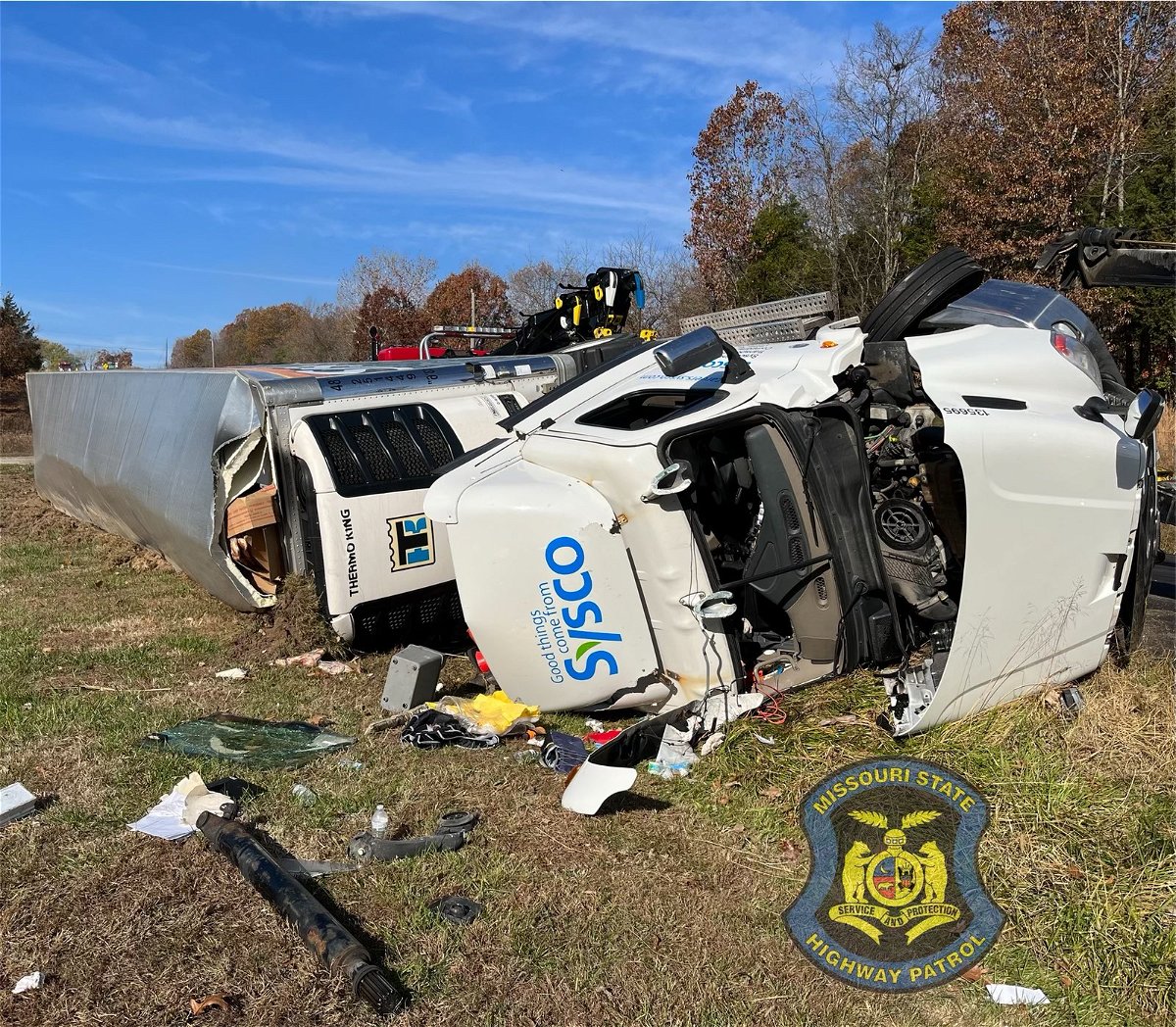 The Missouri State Highway Patrol is investigating a crash involving an overturned semi-truck on Highway 179 in Cole County on Thursday, Nov. 3, 2022. Emergency crews took one person from the semi to the hospital with moderate injuries. 