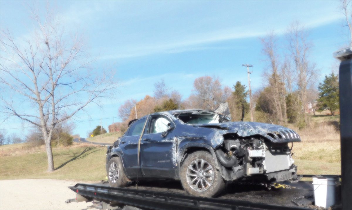 The wreckage of a Jeep is towed from a Jefferson City crash scene Wednesday, Nov. 23, 2022.